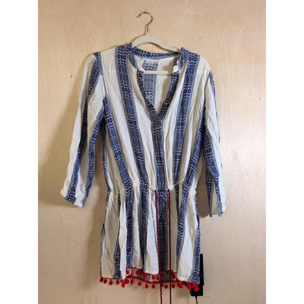 Bindu Tunic Dress Women Large Blue White Excellent Pom-Pom Trim Boho Stripe‎